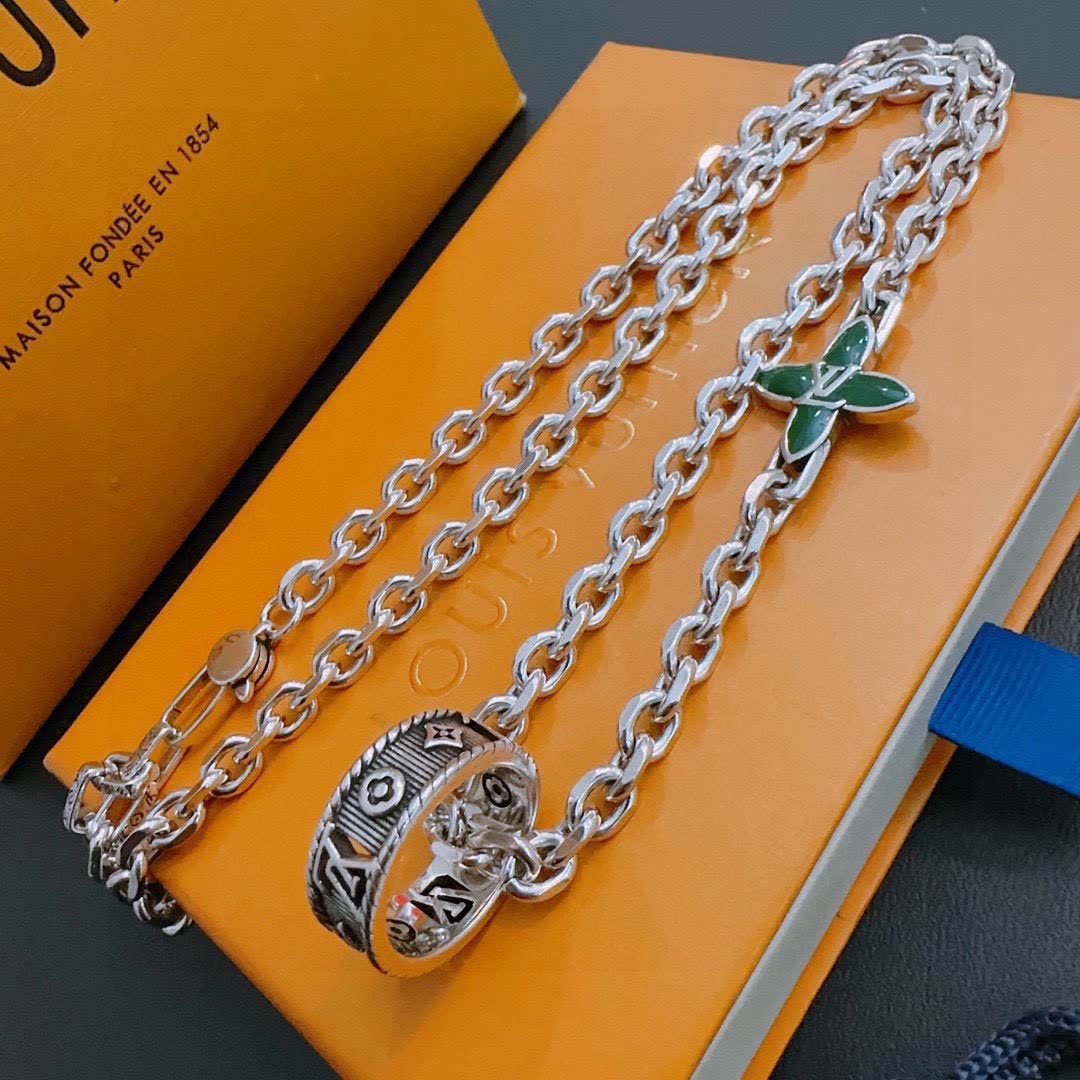 Louis Vuitton Silver Chain Bracelet with Green Enamel Cross and Ring